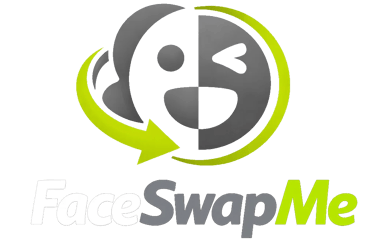 FaceSwapMe logo featuring a grey smiling emoji face icon with a green arrow and text.