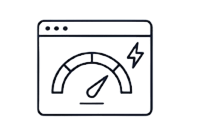 Ícono lineal de una ventana de navegador con un velocímetro y un rayo que simbolizan la velocidad