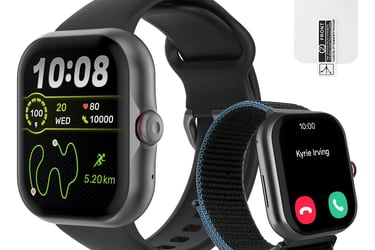 Black smartwatch with fitness tracking display and a secondary blue fabric strap shown with screen protector.
