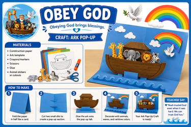Noah's Ark pop-up craft tutorial for kids with materials, step-by-step instructions, and Bible lesson.