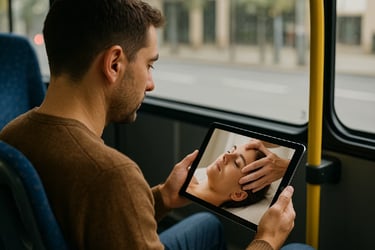 Personne regardant une vidéo de massage du visage sur une tablette dans un bus.