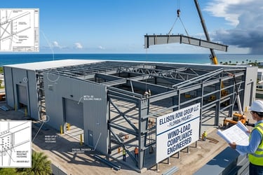 Florida wind-load compliance engineering for pre-engineered steel buildings by Ellison Row Group LLC.