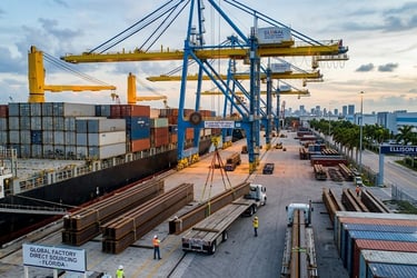 Global factory-direct steel sourcing and port logistics for Florida pre-engineered steel buildings by Ellison Row Group LLC.