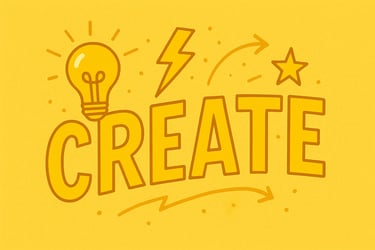 A yellow box contains the word create, with a lightbulb and lightening strike