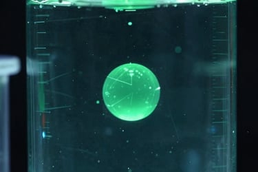 Macro close-up of liquid crystalline structures under sharp, clinical blue-green accent lighting, in vacuum-sealed laboratory glassware, high contrast, dark background.