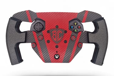 Custom red and black carbon fiber sim racing steering wheel mod for Xbox controllers.