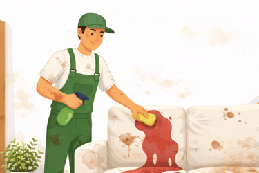 Operario limpiando manchas en un sofá blanco.