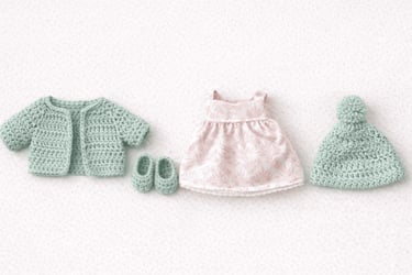 Conjunto de ropa para muñeca con sueter, gorro y zapatos de crochet verde salvia y vestido rosa