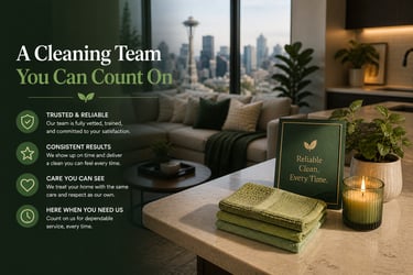 Professional cleaning service team features in a tidy Seattle apartment with Space Needle views.