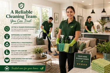Professional house cleaning team in green uniforms providing residential maid services in a modern living room.