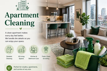 Professional apartment cleaning services showing a modern kitchen, living room, and green cleaning supplies.
