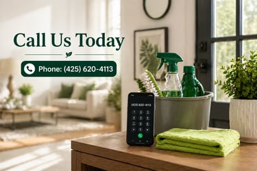 Professional house cleaning supplies and a smartphone displaying a call us today contact number.