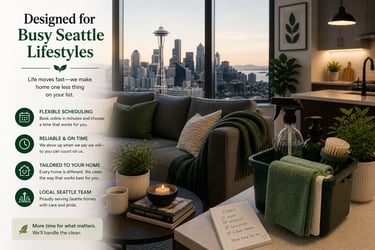 Professional Seattle home cleaning service advertisement featuring a modern apartment view of the Space Needle.