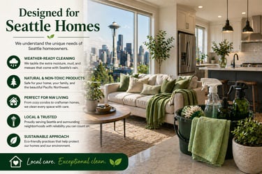 Professional home cleaning services for Seattle residences featuring eco-friendly products and a Space Needle view.