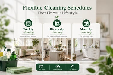 Flexible cleaning schedules showing weekly, bi-weekly, and monthly house cleaning services.