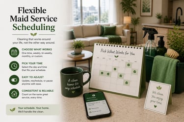 Flexible maid service scheduling with a calendar and mobile app for booking professional house cleaning.