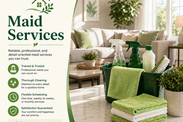 Maid services advertisement featuring cleaning supplies and towels in a modern bright living room.