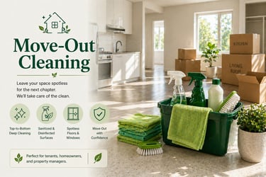 Professional move-out cleaning services for a spotless home with green cleaning supplies and moving boxes.