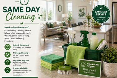 Professional same day cleaning service advertisement featuring green eco-friendly supplies in a bright kitchen.