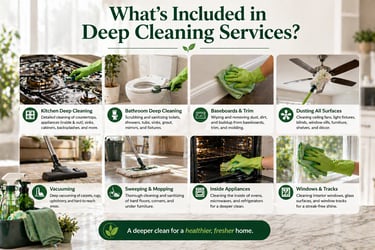 Infographic detailing professional deep cleaning services including kitchen, bathroom, baseboards, and appliance cleaning.
