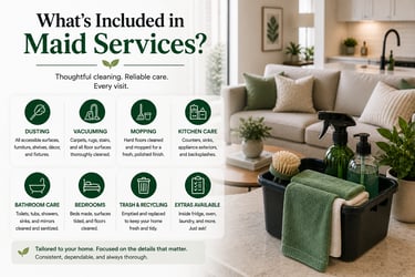 Professional maid services cleaning checklist with green cleaning supplies in a modern living room.