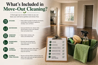 A move-out cleaning checklist next to professional supplies in a bright, vacant apartment with hardwood floors.