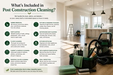 Post-construction cleaning services checklist for residential homes featuring professional cleaning supplies and equipment.
