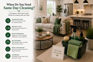 Professional same day cleaning services for a modern living room and kitchen using eco-friendly supplies.