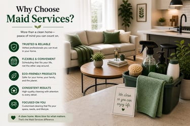 Professional maid services infographic showing eco-friendly cleaning supplies in a modern, tidy living room.