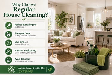 Infographic showing benefits of regular house cleaning services for a tidy, allergen-free home interior.