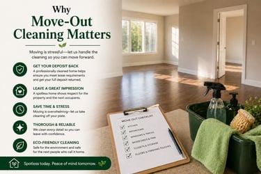 Professional move-out cleaning checklist and supplies in a vacant apartment to ensure security deposit return.