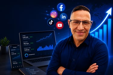Tadeusz Wrona na tle wykresu wzrostu, laptopa i ikon social media symbolizujących rozwój biznesu.