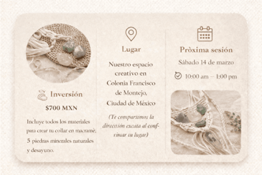  Invitación a taller de collar de macramé hecho a mano con piedras minerales naturales en  CDMX