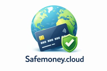 Safemoney.cloud payment card security with globe earth icon and shield checkmark for worldwide transaction protection
