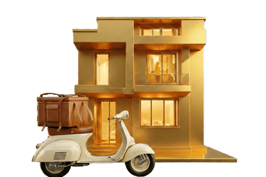 Vintage delivery scooter with insulated food bag parked in front of a golden modern apartment building.