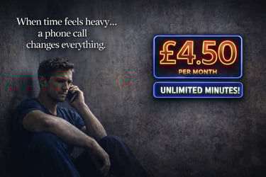 A lonely man on a phone call with unlimited minutes for £4.50 per month on a neon sign.