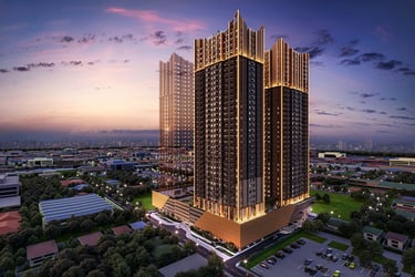 Luxury high-rise residential apartment building at sunset with gold lighting and city skyline views.