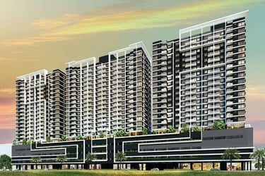 Modern high-rise residential apartment buildings with luxury balconies and sunset sky background.