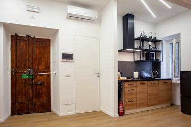 Modern studio apartment featuring a rustic wooden door and a sleek kitchen with wood cabinets.