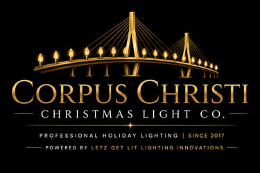 Gold logo for Corpus Christi Christmas Light Co. featuring a lighted bridge for professional holiday lighting.