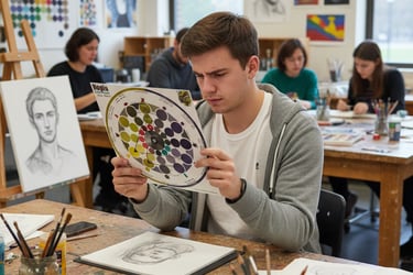 An art student studies a color theory wheel while drawing a pencil portrait in a studio classroom.