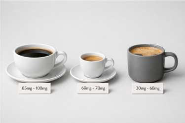 Comparison of caffeine content in milligrams for a cup of coffee, espresso, and tea.
