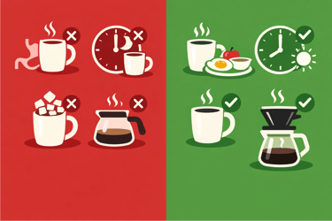 Illustration comparing bad coffee habits on red vs. healthy coffee tips with food on green.