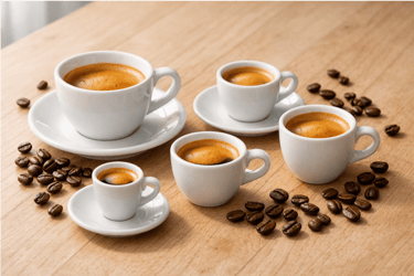 Various sizes of white ceramic espresso cups filled with fresh coffee on a wooden table with roasted beans.