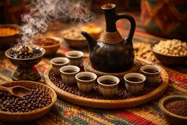 Cerimónia tradicional etíope de café com jebena (bule tradicional de cerâmica), pequenas chávenas se