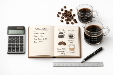 Coffee notes notebook with pour over brewing recipes, roasted beans, and black coffee in glass carafes.