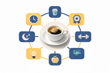 A cup of black coffee surrounded by lifestyle icons for fitness, sleep, hydration, and healthy habits.