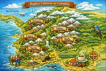 Mapa colorido da Colômbia mostrando a localização das regiões de Huila, Antioquia, Nariño, Tolima