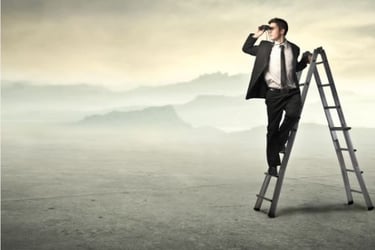 Man on a ladder looking through binoculars
