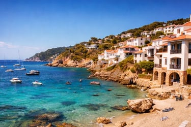 Scenic coastal view of white villas and boats in the turquoise Mediterranean sea at Costa Brava.